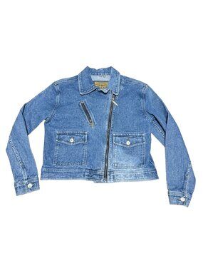 Vtg Liz Claiborne Biker Denim Trucker Jacket Sz 4 Blue Cropped Asymetrical Zippe